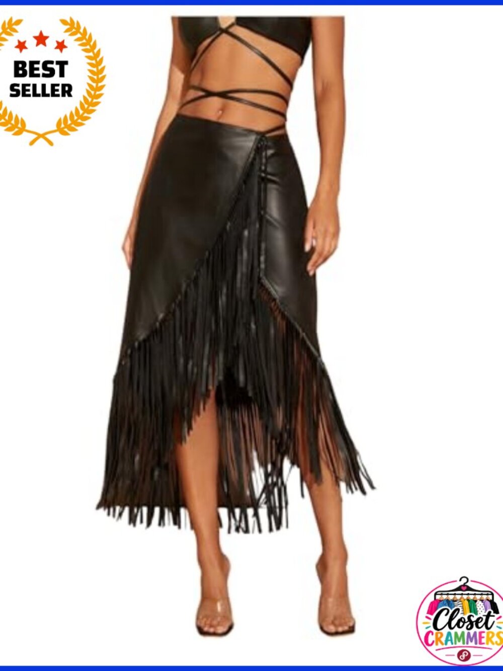 Faux Leather Fringe Wrap Skirt Lace Up Rave Concert Outfit Asymmetrical